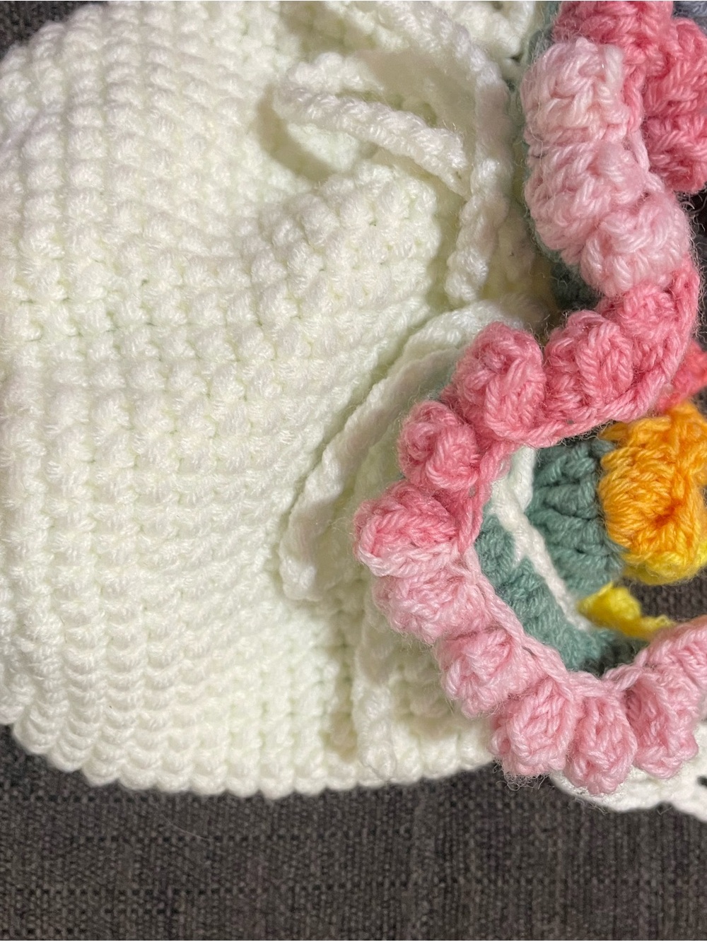 White Crochet Kids Hat with Pink Flower Accent
